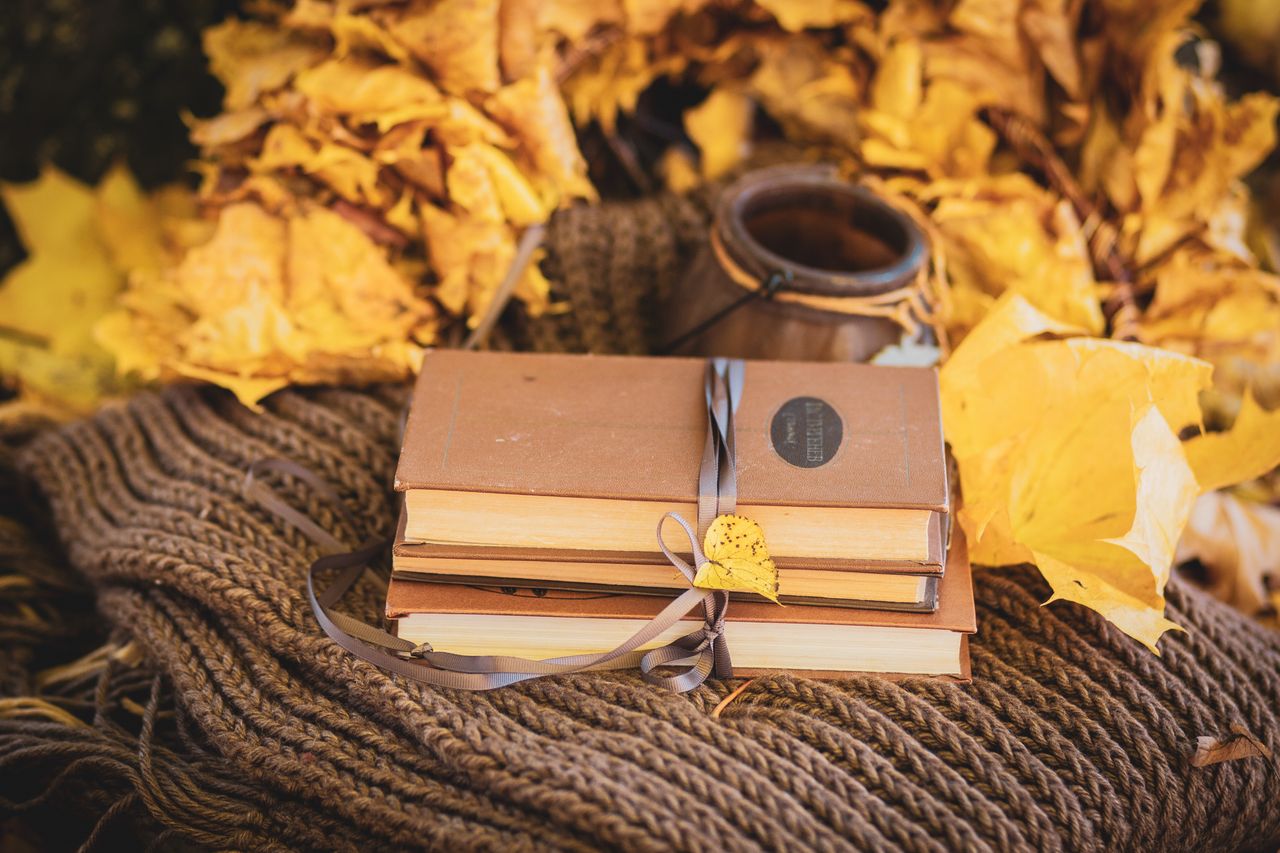 Tumpukan buku di atas sweater rajut dengan daun musim gugur